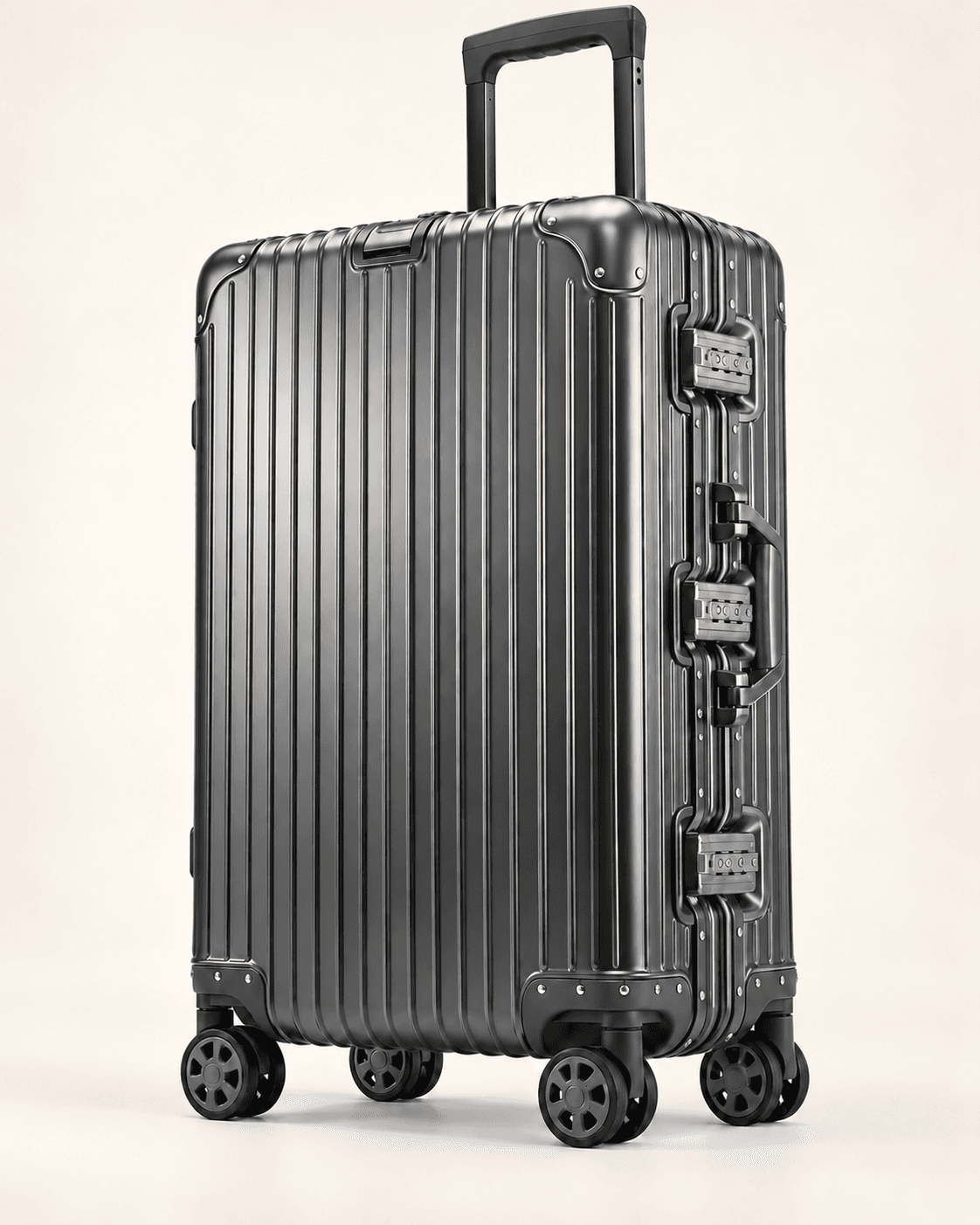 Charcoal three-lock aluminum suitcase, illustrative rendering