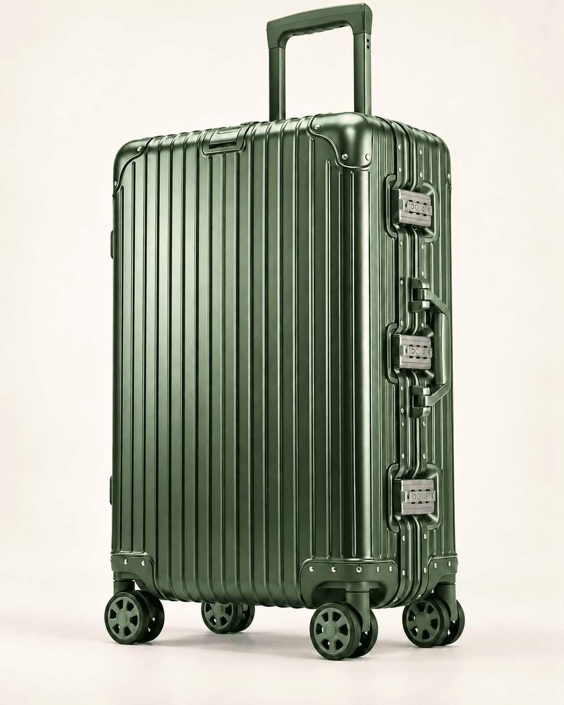 Green aluminum suitcase with three latch locks, illustrative rendering