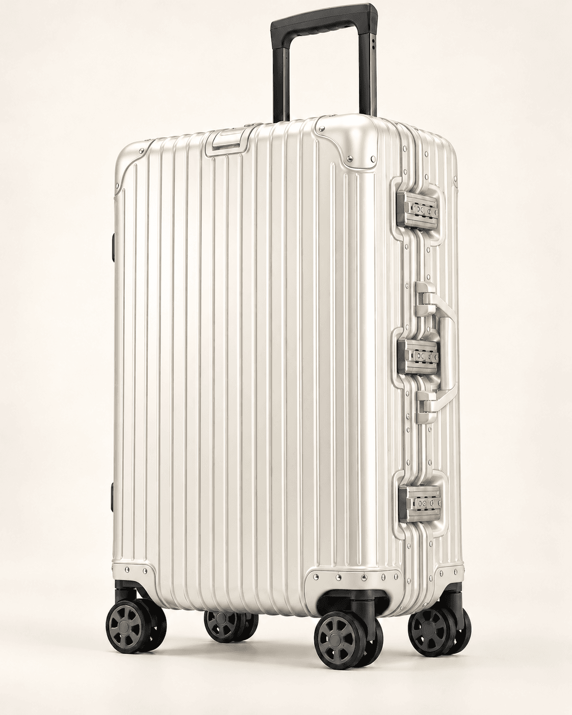Off-white three-lock aluminum suitcase, illustrative rendering