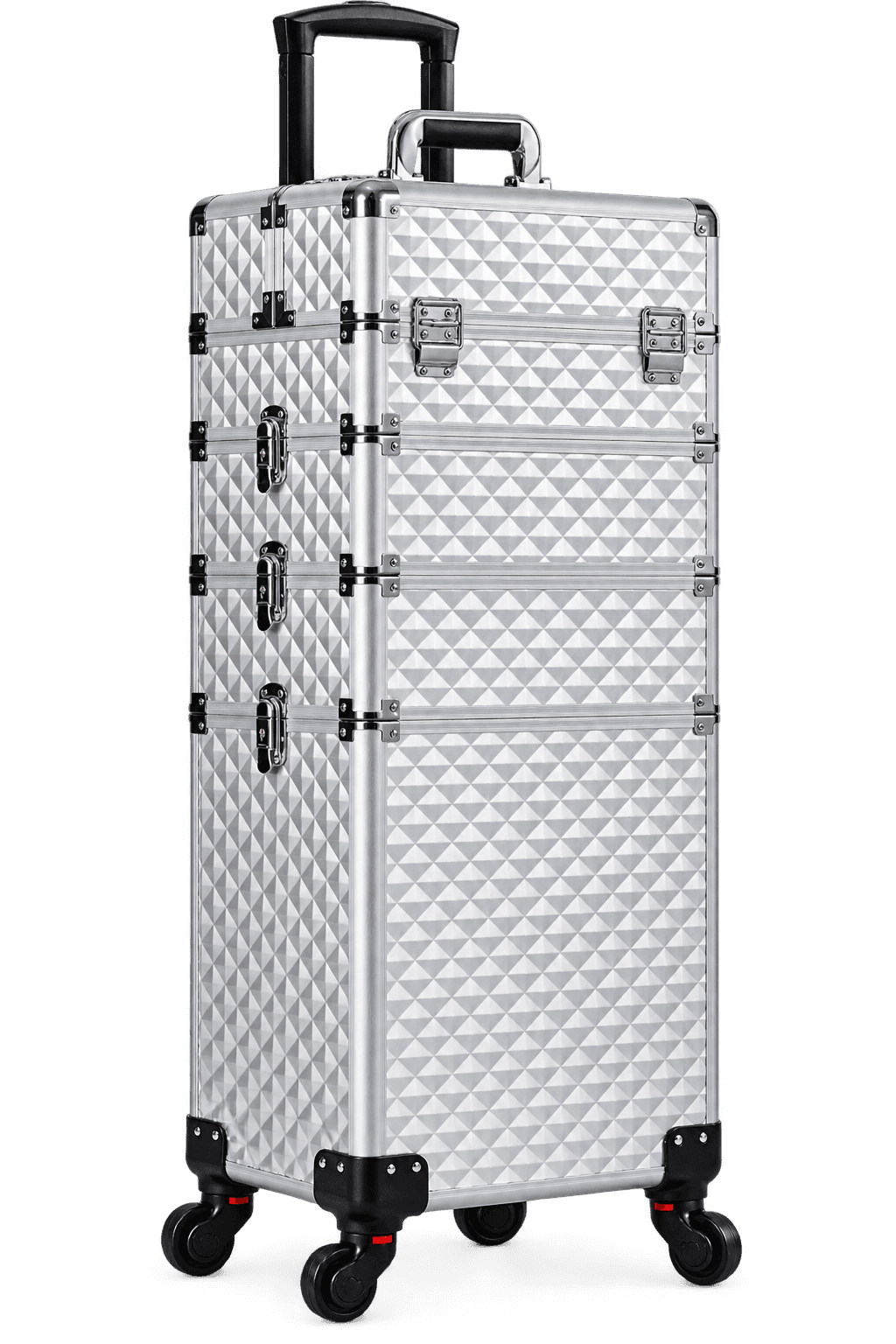 Illustrative silver rolling makeup case with telescoping handle