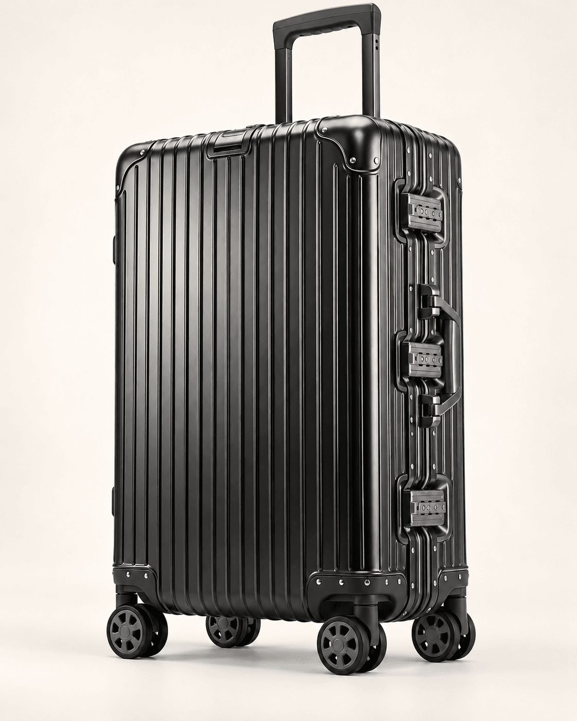 Black three-lock aluminum suitcase, illustrative rendering