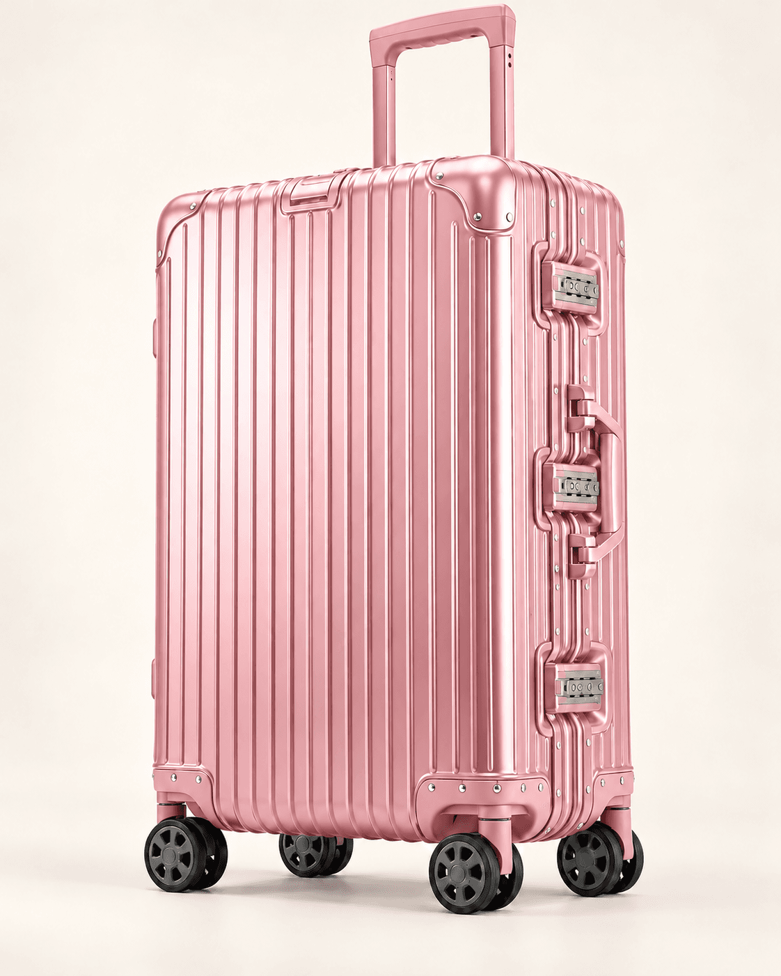 Pink three-lock aluminum suitcase, illustrative rendering